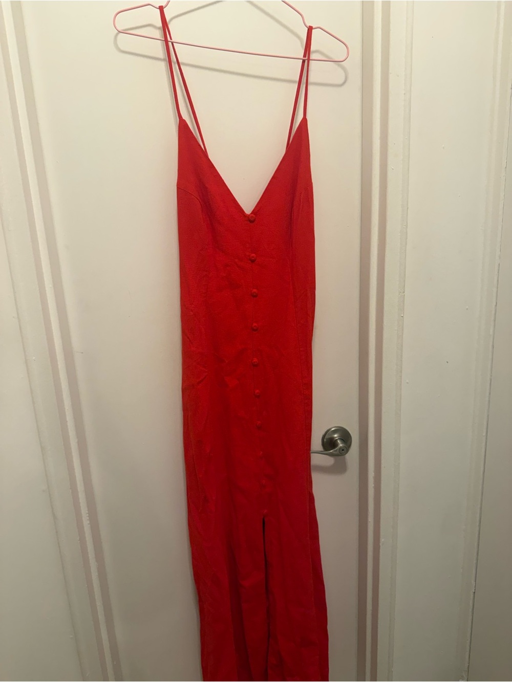Red Spaghetti Strap Button-Front Maxi Dress